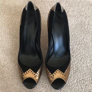 Gucci Black and Gold Peep Toe Pumps